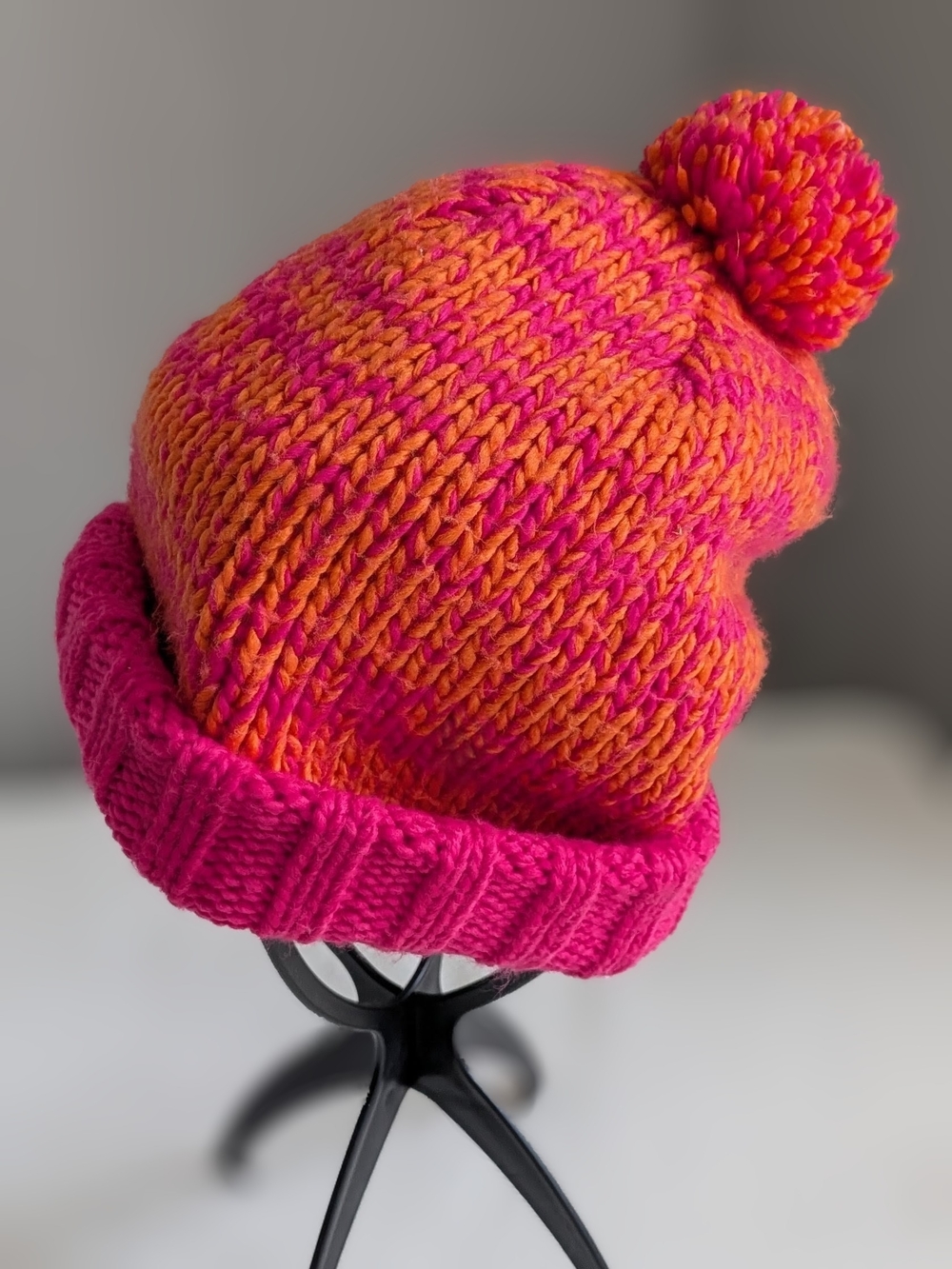 SO Women's Knit Pom-Pom Beanie Hat Sherpa Lining- Pink & Orange